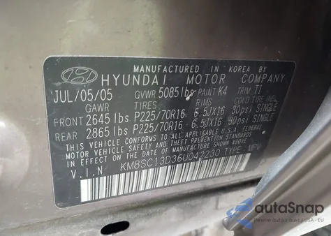 2006 Hyundai Santa Fe Gls from USA, damaged, VIN KM8SC13D36U042230